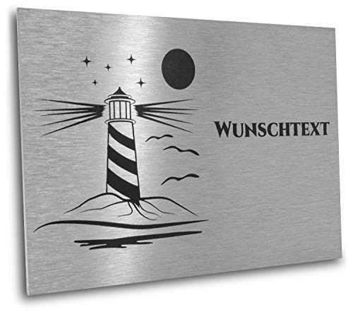 Jung Edelstahl Design V2A Edelstahl Türschild - Maritimes Design - mit Leuchtturm inklusive Wunschtext 120 X 80 mm - Briefkastenschild oder Namensschild von Jung Edelstahl Design