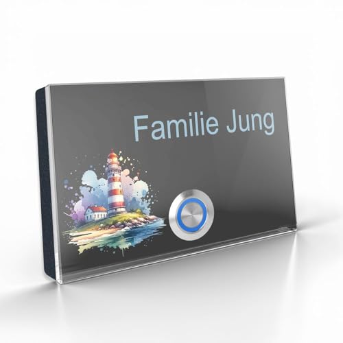Jung Edelstahl Design personalisierte Edelstahl-Türklingel mit LED-Beleuchtung, Maritime Leuchtturm-Design, Acrylglas-Oberplatte, Aufputz/Unterputz (anthrazit) von Jung Edelstahl Design