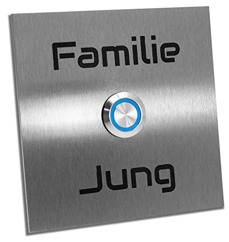 Jung-Edelstahl-Design Türklingel "Bochum" mit Gravur. Klingelplatte verschiedene Größen. Led Taster (blau). Klingelschild aus V2a Edelstahl. von Jung Edelstahl Design