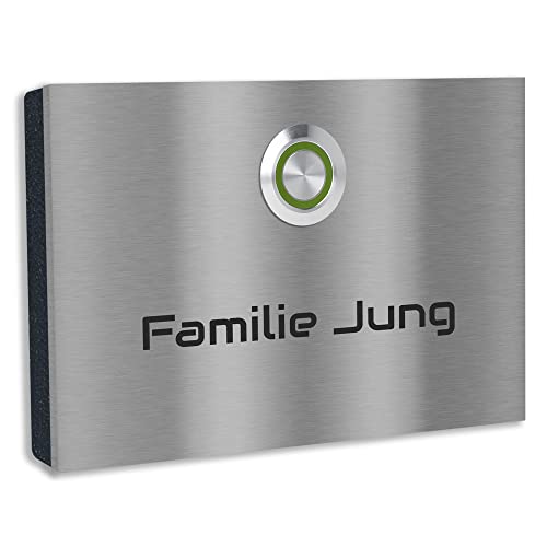 Jung Edelstahl Design Edelstahl Türklingel London 1 Klingelschild mit Gravur. Klingelplatte Aufputz oder Unterputz 12x8 cm. LED Klingeltaster in verschiedenen Farben (grün) von Jung Edelstahl Design