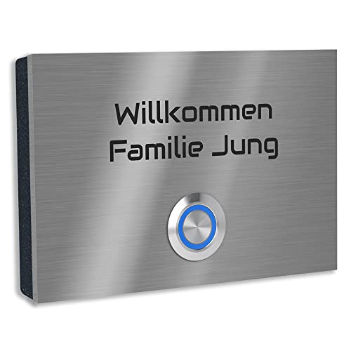 Jung Edelstahl Design Türklingel mit Gravur "London 2" Klingelplatte in verschiedenen Größen. Varianten als Aufputz oder Unterputz Klingelschild. Klingel mit Led Taster blau. von Jung Edelstahl Design