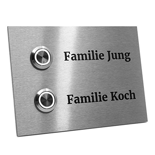 Zweifamilienhaus Klingelplatte Frankfurt 140 x 100 X 3mm V2A Edelstal kostenlose Lasergravur (LED weiß) von Jung Edelstahl Design