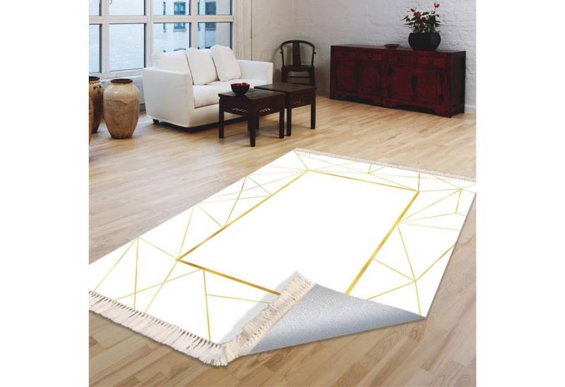 Jungengel Textilien Teppich Klassisch Flach Weiß mit Goldakzenten Läufer 8mm Waschbar Schlafzimmer von Jungengel Textilien