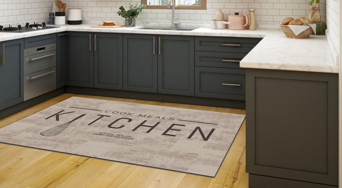 Teppich Küchenläufer Kitchen Cook Meals Beige Waschbar & Praktisch, Jungengel Textilien, Höhe: 6 mm, Universell einsetzbar, Fußbodenheizungsgeeignet von Jungengel Textilien