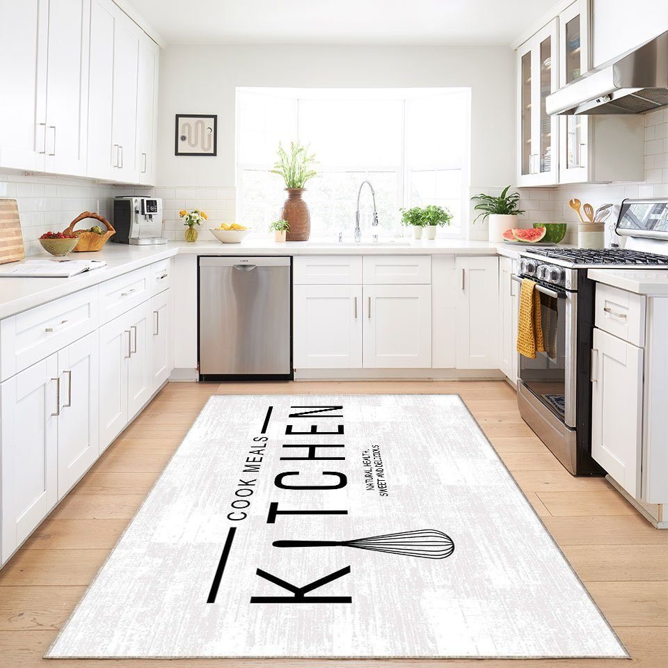 Teppich Küchenläufer Kitchen Cook Meals Küchenmatte Weiß Waschbar & Praktisch, Jungengel Textilien, Höhe: 6 mm, Universell einsetzbar, Fußbodenheizungsgeeignet von Jungengel Textilien