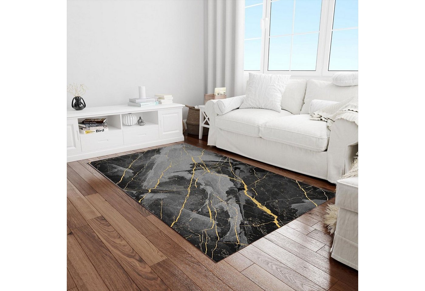Teppich Marmor Anthrazit Läufer Modernes Design Wohnzimmer Schlafzimmer, Jungengel Textilien, Höhe: 6 mm, Universell einsetzbar, Fußbodenheizungsgeeignet von Jungengel Textilien