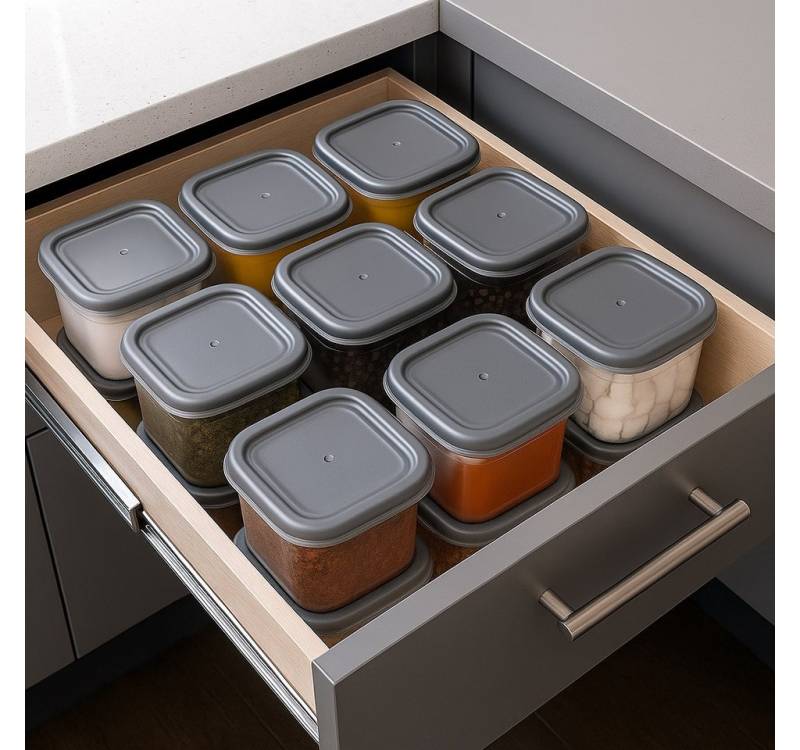 Jungengel Aufbewahrungsdose 12x Stück Quadratisch Gewürzbehälter Vorratsbehälter Stapelbar (Küchenaufbewahrungsset, 12 St., 12-teiliges Vorrats- und Gewürzdosen-Set mit Deckeln, stapelbar), 12x 550ml, Luftdicht, BPA-frei, Spül- & Mikrowellenkonform, Grau von Jungengel