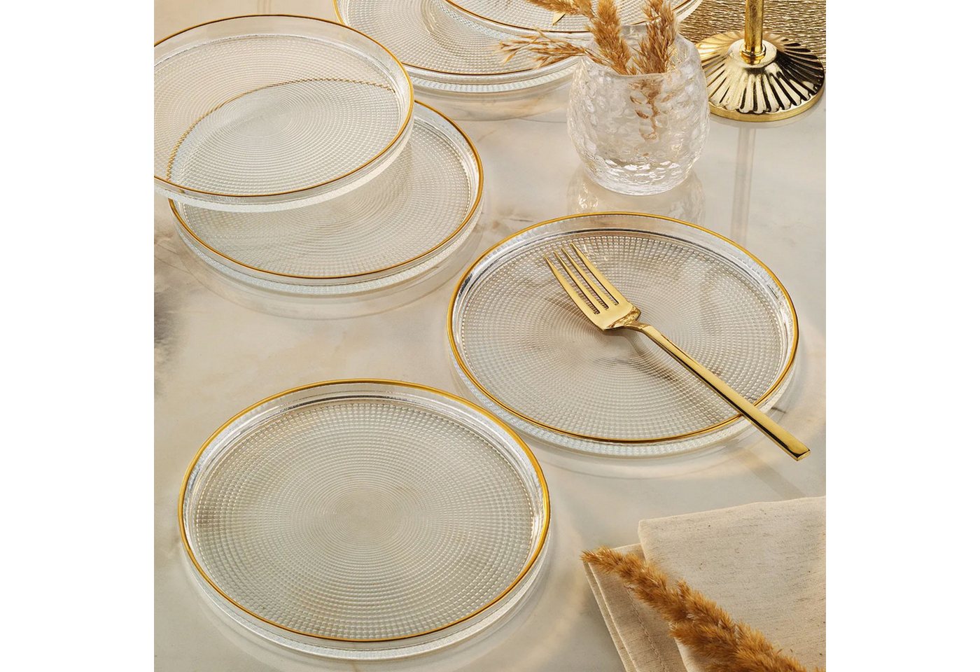 Jungengel Dessertteller 6er Set Glas mit Goldrand Kuchenteller Glasteller Vorspeisenteller, (6 St), Edles 6er Glas Dessertteller mit Goldrand, stapelbar & pflegeleicht von Jungengel