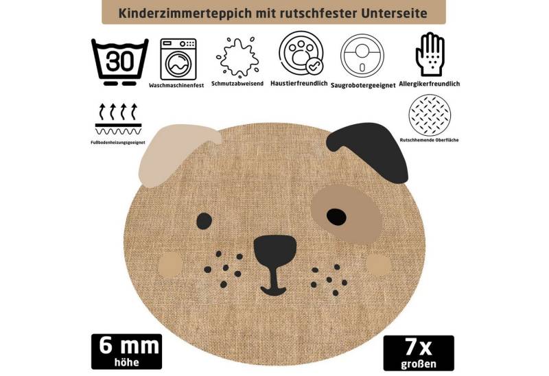 Jungengel Kinderteppich Katzenmuster mit Jutedesign Läufer Waschbarerteppich Tiermuster Kinder von Jungengel