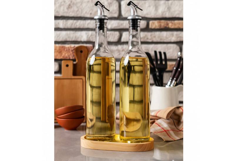 Jungengel Menage-Set 2er-Set 750 ml Öl- und Essigflaschen mit Holzständer, (2-tlg), Transparente Glasflaschen mit Metall-Ausgießer von Jungengel