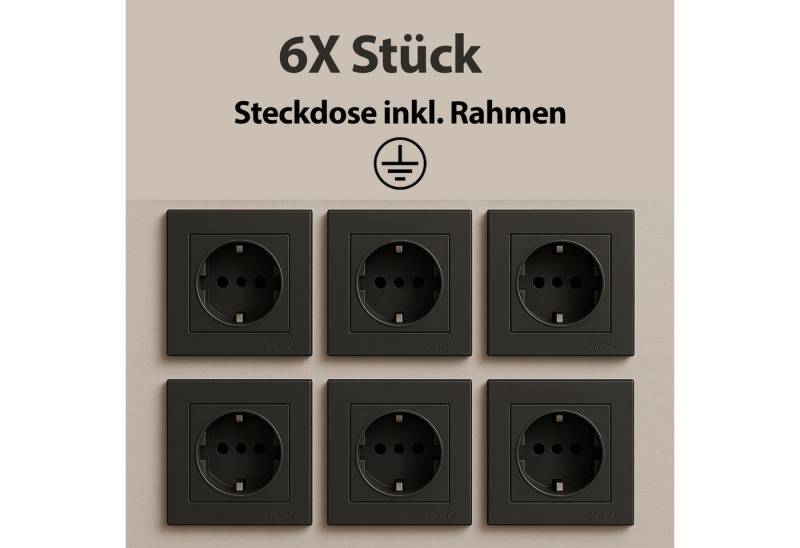 Jungengel Steckdose Wandsteckdose Rahmen 6x Stück Anthrazit Grau Unterputz Schutzkontakt, 6-St., 6er-Set Steckdosen inklusive Rahmen, Steckklemmen und Schraubklemmen, Modernes Steckdosenset in Anthrazit-Grau mit Schutzkontakt von Jungengel