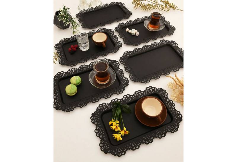 Jungengel Tablett 6x Set Serviertablett Servierplatte Schwarz Matt Teetablett, Metall, (6-tlg), Spitzenverzierter Serviertablett-Satz, Metall, Vintage Design von Jungengel