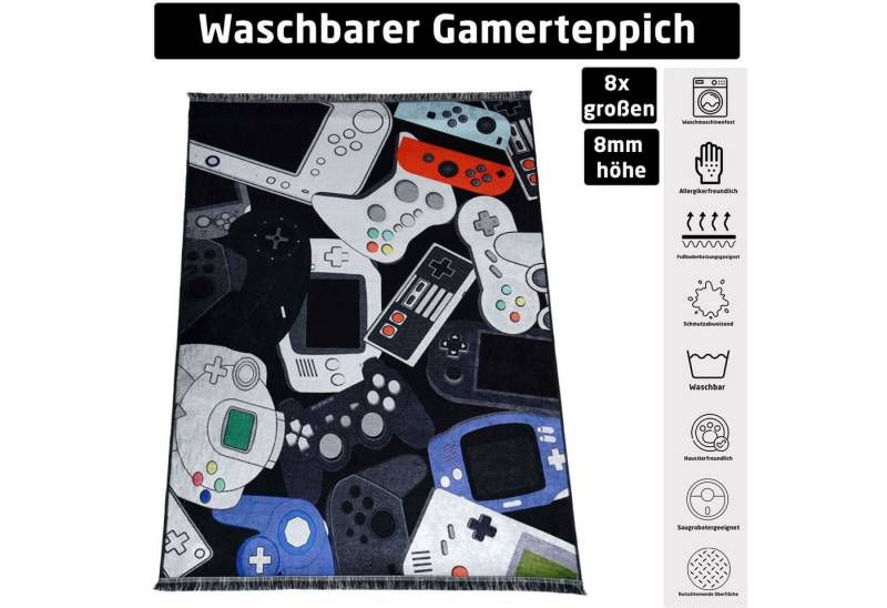 Jungengel Teppich Gamer Teppich Kinderzimmer Spielzimmer Oldschool Waschbar Rutschfest, Rechteckig, Höhe: 8 mm, Oldschool Gamer-Design, waschbar, Fußbodenheizunggeeignet von Jungengel