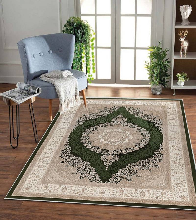 Jungengel Teppich Orientalisch Beige Grün Wohnzimmer Waschbar 30°C Flach Teppichläufer von Jungengel