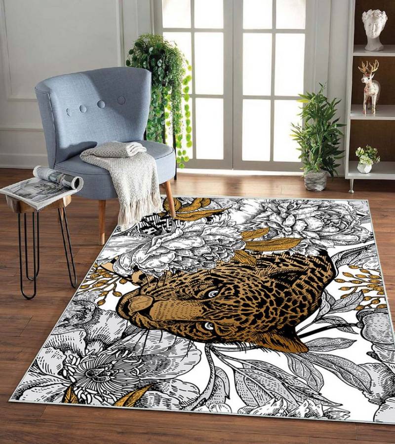 Jungengel Teppich Wildflower Jaguar Läufer Teppichläufer Weiß Gold Waschbar Flach von Jungengel