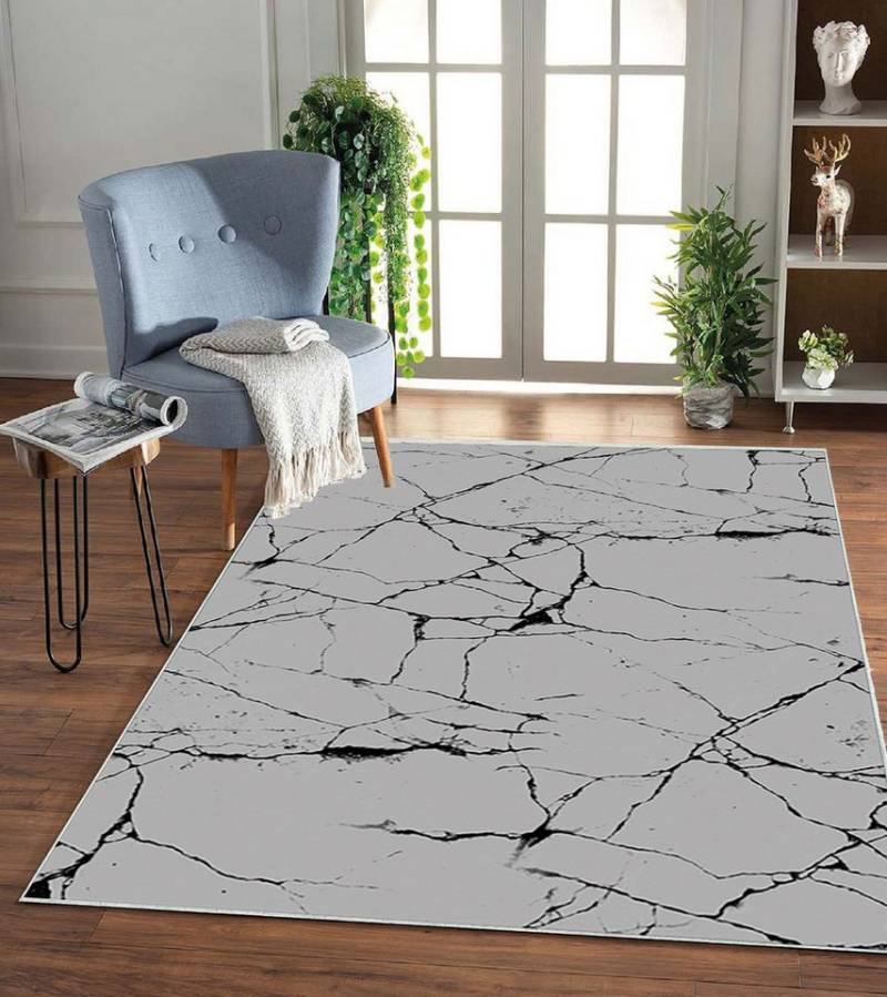 Jungengel Teppich Wohnzimmer Marmor Grau Flach Waschbar Teppichläufer Läufer Flur Uni von Jungengel
