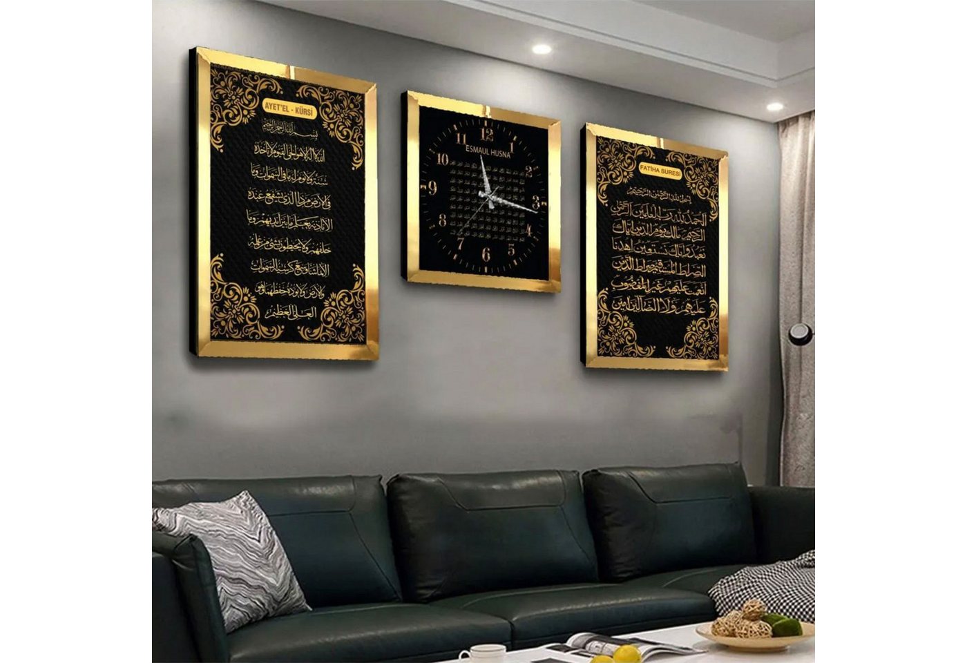 Jungengel Wandbild Islam 3-Teilig Ayetel Kürsi, Fatiha Suresi, Esmaül Hüsna Wandbehänge, (3 St), Saubere Verarbeitung, Gepolstert Verpackt, Religionsbild von Jungengel