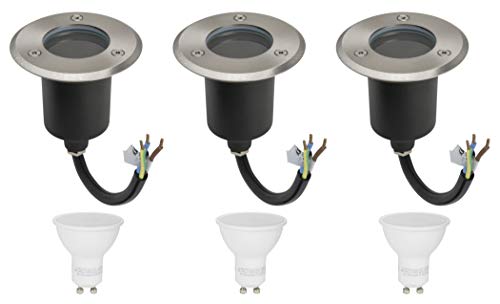JungesLicht 3er Set Bodeneinbauleuchte Rund IP67 Wasserdicht 230Volt AC GU10 5Watt LED Leuchtmittel Warmweiss 400Lumen 3000K Befahrbar Edelstahl Rostfrei Gehwegbeleuchtung Gartenbeleuchtung flach von JungesLicht