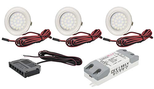 JungesLicht 3er Set LED Möbelleuchte Tim 2Watt 12V DC, inkl. LED Trafo, Anschlusskabel und Amp-Verteiler, 6000Kelvin tageslichtweiß 200Lumen, passend für Bohrlöcher von 54-58mm, Außen 65mm, 12mm Tiefe JungesLicht 3er Set LED Möbelleuchte Tim 2Watt 12V DC, inkl. LED Trafo, Anschlusskabel und Amp-Verteiler, 6000Kelvin tageslichtweiß 200Lumen, passend für Bohrlöcher von 54-58mm, Außen 65mm, 12mm Tiefe von JungesLicht