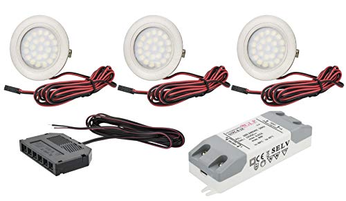 3er Set ultra flache LED Möbelleuchte Tim Kaltweiss 2Watt 12Volt DC 7Watt LED Trafo Anschlusskabel Amp-Verteiler 6000Kelvin 200Lumen EEK E Möbeleinbauleuchte Spiegelleuchte Küchenbeleuchtung von JungesLicht