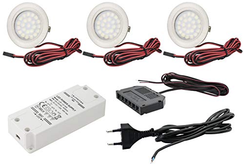 JungesLicht 3er Set Möbel Einbaustrahler Farbe: Edelstahl gebürstet | 2Watt LED Leuchtmittel warmweiss 3000Kelvin | inkl. 16Watt LED Trafo und Anschlussstecker (Komplettset) von JungesLicht