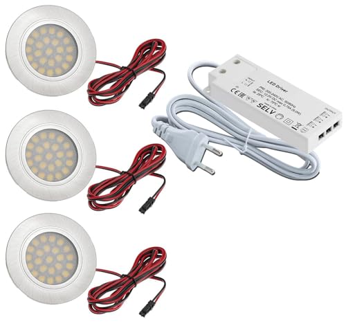 JungesLicht 3x Set LED Flacher Möbel Einbaustrahler Tim 2Watt 12Volt DC - warmweiß + 16W LED Trafo - Möbellampe Spiegellampe Einbauleuchte Ultra Flach von JungesLicht