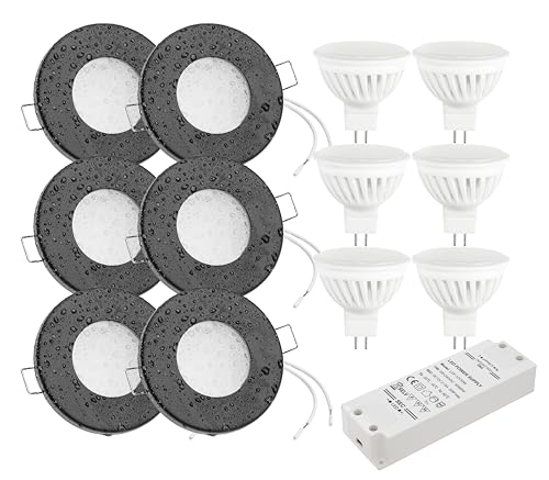 JungesLicht 6er Set Bad Einbaustrahler Aqua IP54 Schwarz Matt, 83mm Außen, für 55-68mm Bohrlöcher, mit MR16 12Volt LED Leuchtmittel 6Watt und Trafo - Einbauspot, Deckenspot (Warmweiß 3000K) von JungesLicht
