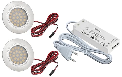 JungesLicht 2er Set Möbelleuchte Tim 2Watt warmweiß 3000K 200Lumen, für 54-58mm Löcher, ultra flach, 11mm Einbautiefe, Trafo mit 3x AMP Anschlüsse & Netz-Kabel - Abmessungen: 103x41x12mm - Stecksystem von JungesLicht