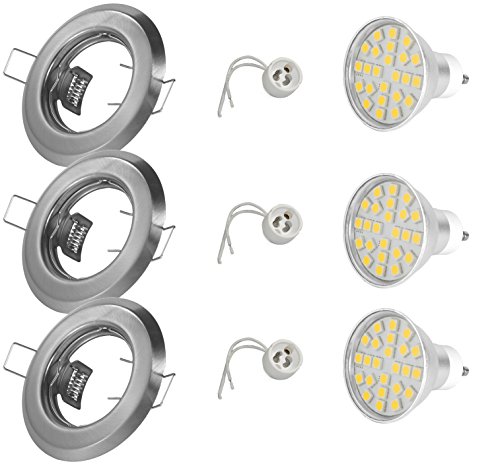 3er LED Set Einbaustrahler - Farbe: Edelstahl gebürstet - 230V GU10 5Watt LED 450Lm warmweiß - Material: Stahlblech - Lochausschnitt: 55mm - Außendurchmesser: 85mm von JungesLicht