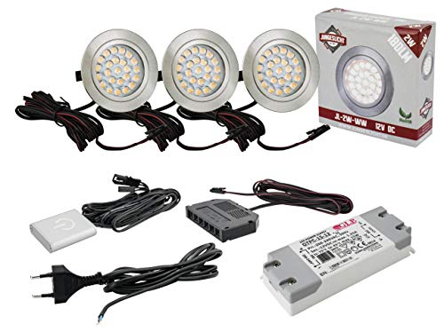 3x Flache LED Möbelleuchte 2W warmweiß DIMMBAR 65mm x 10mm - Lochmaß: 58mm - 1x LED Touchschalter mit Dimmfunktion!!! - 1x 6-Fach Mini-AMP-Verteiler - 1x Anschlusskabel - 1x 12V DC 15W LED Trafo - 3x Flache LED Möbelleuchte 2W warmweiß DIMMBAR 65mm x 10mm - Lochmaß: 58mm - 1x LED Touchschalter mit Dimmfunktion!!! - 1x 6-Fach Mini-AMP-Verteiler - 1x Anschlusskabel - 1x 12V DC 15W LED Trafo - von JungesLicht