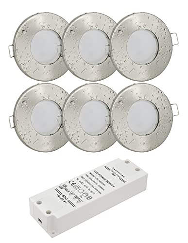JungesLicht 6er Set 12Volt Bad Einbaustrahler IP65 Farbe: Edelstahl gebürstet DC 12V 4Watt LED Leuchtmittel 410Lumen warmweiss MR16 Fassungen und LED Trafo von JungesLicht