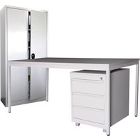 Einrichtungs-Set, Schreibtisch LxB 1.200 x 1.000 mm inkl. Rollcontainer + Flügeltürschrank HxB 1.800 x 800 mm, lichtgrau von Jungheinrich PROFISHOP