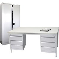 Einrichtungs-Set, Schreibtisch LxB 1.800 x 800 mm inkl. 1x Unterbauschrank + Flügeltürschrank HxB 1.800 x 800 mm, lichtgrau von Jungheinrich PROFISHOP