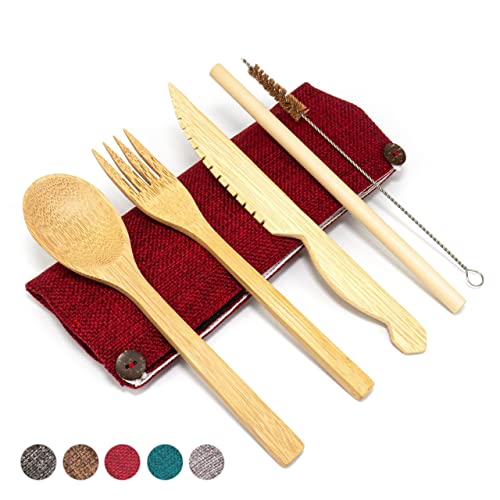 Jungle Culture® Bambus Besteck Set • Besteck Holz, Messer Gabel, Löffel, Strohhalm, Bürste, Jutebeutel in Rot • Umweltfreundliches Besteckset • Reisebesteck für Unterwegs • Plastikfreie Holzutensilien von Jungle Culture