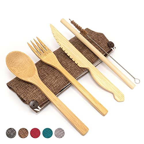 Jungle Culture® Bambus Besteck Set • Besteck Holz, Messer Gabel, Löffel, Strohhalm, Bürste, Jutebeutel in Braun • Umweltfreundliches Besteckset, Reisebesteck für Unterwegs, Plastikfreie Holzutensilien von Jungle Culture