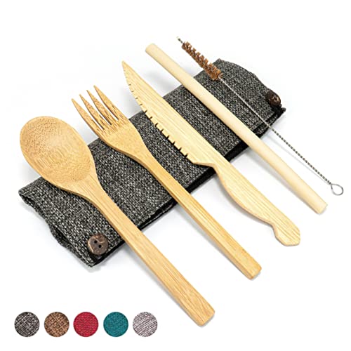 Jungle Culture® Bambus Besteck Set • Besteck Holz, Messer Gabel, Löffel, Strohhalm, Bürste, Jutebeutel in Dunkelgrau • Umweltfreundliches Besteckset, Reisebesteck für Unterwegs • Holzutensilien von Jungle Culture