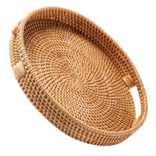 Jungle Culture Rattan-Serviertablett 34cm / 13,8" • Gewebte Serviertabletts mit Griffen für zu Hause • Rundes Couchtisch-Tablett • Servierkorb aus Korbgeflecht für Brot, Obst, Kerzen • Naturhonig von Jungle Culture