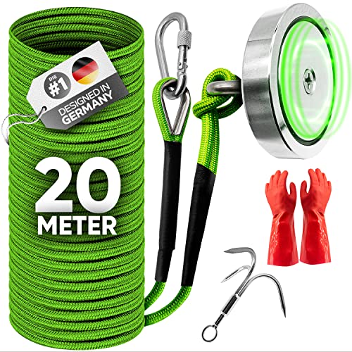 Jungle Monkey - Magnetfischen Set 400kg [Zugkraft DEKRA geprüft] Starker Neodym Magnet Angel mit Wurfanker, wasserdichten Handschuhen & Seil für Magnet Fischen - Magnetangeln Angeln mit Magnet Fishing von Jungle Monkey