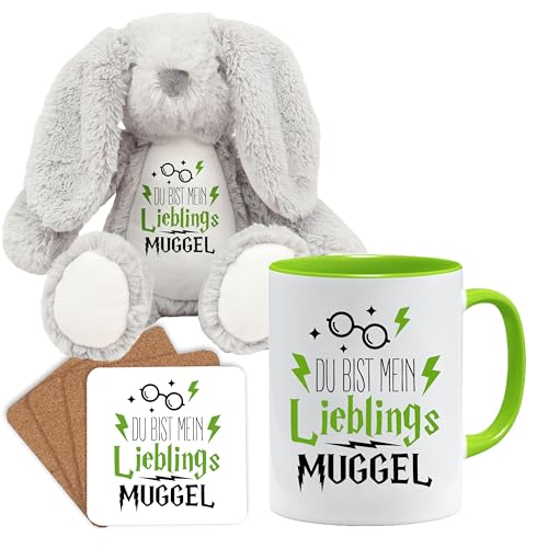 Lustige Geschenk Tasse mit Spruch | Du bist Mein lieblings Muggel | Geschenkidee | Muggel Tasse | Geschenkidee für Freund (Teddy, Tasse und Untersetzer Set (Hellgrün)) von Jungle Mug
