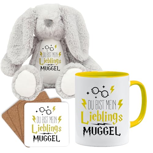 Lustige Geschenk Tasse mit spruch | Du bist mein lieblings Muggel | Geschenkidee | Muggel Tasse | Geschenkidee für Freund (Teddy, Tasse und Untersetzer Set (Gelb)) von Jungle Mug