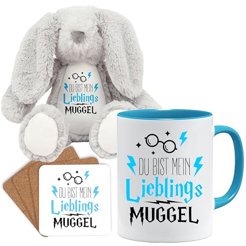 Lustige Geschenk Tasse mit spruch | Du bist mein lieblings Muggel | Geschenkidee | Muggel Tasse | Geschenkidee für Freund (Teddy, Tasse und Untersetzer Set (Hellblau)) von Jungle Mug