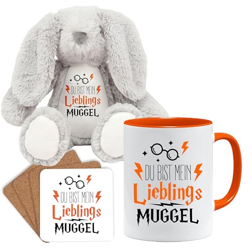 Lustige Geschenk Tasse mit spruch | Du bist mein lieblings Muggel | Geschenkidee | Muggel Tasse | Geschenkidee für Freund (Teddy, Tasse und Untersetzer Set (Orange)) von Jungle Mug