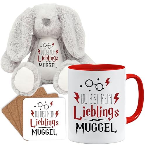 Lustige Geschenk Tasse mit spruch | Du bist mein lieblings Muggel | Geschenkidee | Muggel Tasse | Geschenkidee für Freund (Teddy, Tasse und Untersetzer Set (Rot)) von Jungle Mug