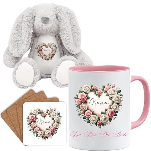 Muttertag Geschenkset: Liebevolles Mama-Design Teddybär, Tasse & Untersetzer - Herz aus Blumen mit 'Mama' Schriftzug von Jungle Mug