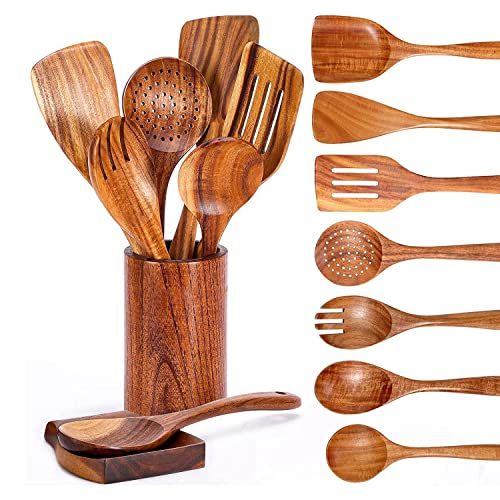 Junguluy 9 PCS HolzlöFfel zum Kochen, Holzutensilien zum Kochen mit Utensilienhalter, KüChenutensilien-Set Teakholz von Junguluy