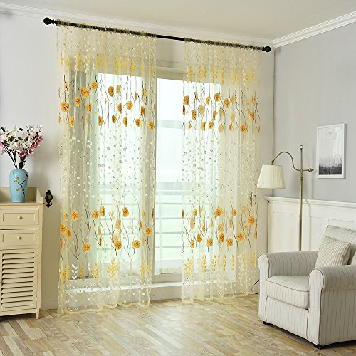 Gardine, 2 Stück, 200 cm x 100 cm, Vorhang, für Kinderzimmer, Blumen, mit Kräuselband, halbtransparent, für kleines Fenster von Junhasgood