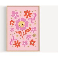 Rosa Blumendruck, Kinder Retro-Wandkunst, Lustiges Modernes Kinderzimmerdekor, Groovy Spielzimmer Poster, Hippie Smiley Gänseblümchen von JunicaKids