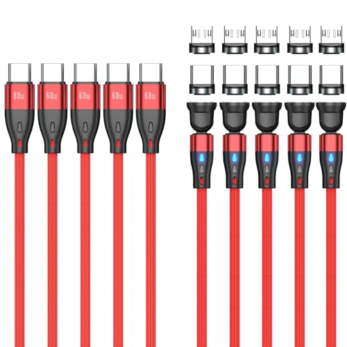 Junichi Magnetisches Ladekabel USB C auf USB C/Micro USB Magnetkabel (5 Stück,0.5m+1m+1m+2m+2m) PD 60W Schnellladung 540° Drehung 2-in-1 Magnet USB kabel für Android Micro USB Typ C Smartphone Laptop von Junichi