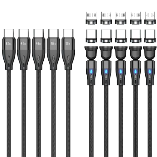 Junichi Magnetisches Ladekabel USB C auf USB C/Micro USB Magnetkabel (5 Stück,0.5m+1m+1m+2m+2m) PD 60W Schnellladung 540° Drehung 2-in-1 Magnet USB kabel für Android Micro USB Typ C Smartphone Laptop von Junichi