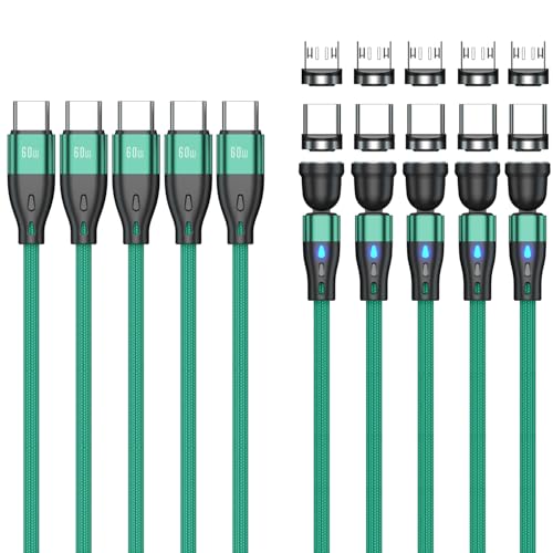 Junichi Magnetisches Ladekabel USB C auf USB C/Micro USB Magnetkabel (5 Stück,0.5m+1m+1m+2m+2m) PD 60W Schnellladung 540° Drehung 2-in-1 Magnet USB kabel für Android Micro USB Typ C Smartphone Laptop von Junichi